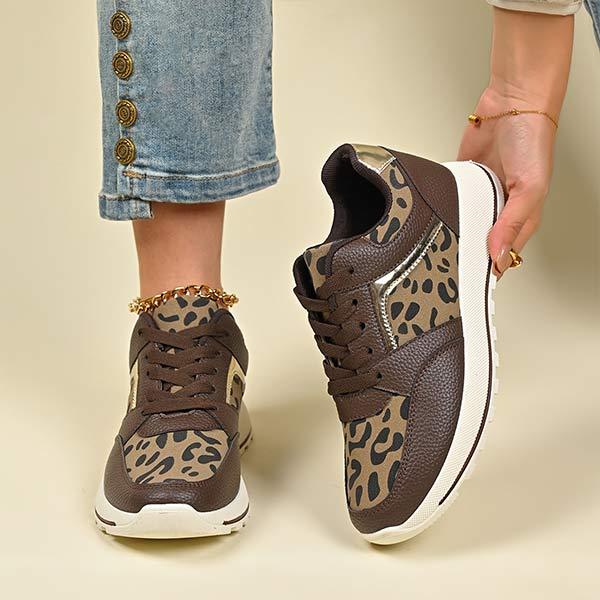 Women's Flat Leopard Print Lace-Up Casual Sneakers 22195217C