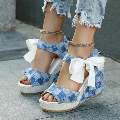 Women's Casual Denim Ribbon Wedge Sandals 50096583S