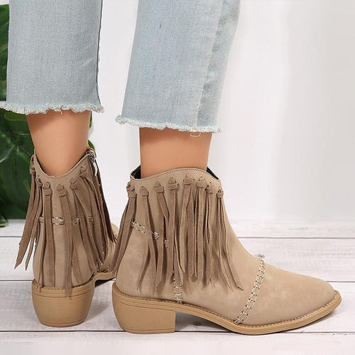 Women's Retro Tassel Suede Block Heel Ankle Boots 41589612S