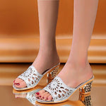 Women's Fashion Rhinestone Hollow Block Heel Slippers 77125893S