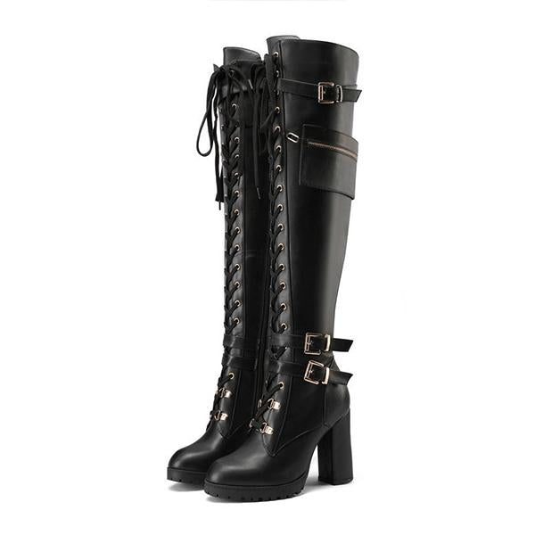 Women's Fashion Buckle Lace-Up Over-The-Knee Boots 72627014S