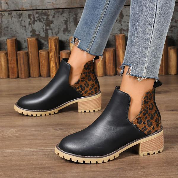 Women's Fashion Leopard Chunky Heel Ankle Boots 10172113S