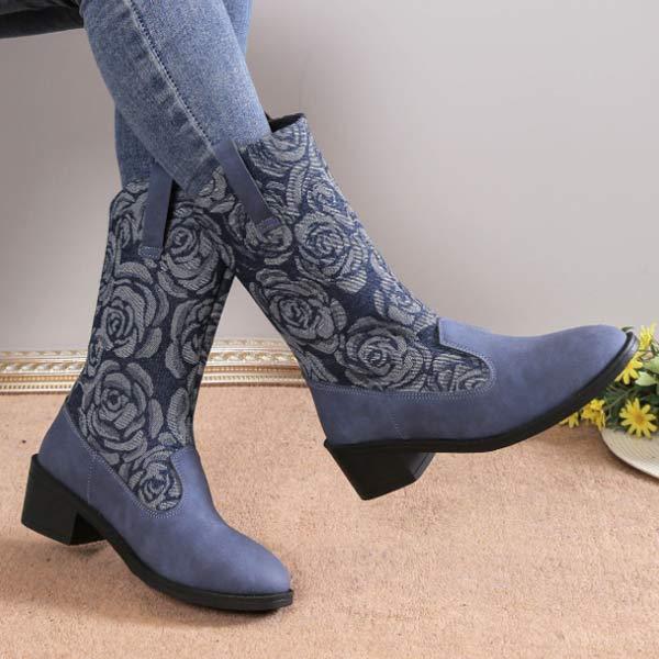 Women's Embroidered Pointed-Toe Mid-Calf Denim Boots 65131167C