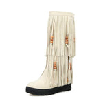 Women's Beaded Fringe Wedge Knee-High Boots 91869043C