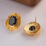 Retro Irregular Glass Black Gold Stud Earrings 47301798C
