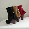 Women's Folded Cuff Chunky Heel Fringe Ankle Boots 63734465C