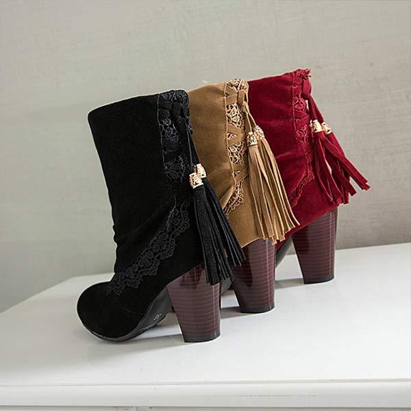 Women's Folded Cuff Chunky Heel Fringe Ankle Boots 63734465C