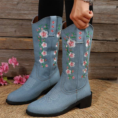 Women's Western Cowboy Boots with Embroidery, Mid-Calf Riding Style 28838119C