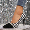 Women's Fashionable Houndstooth Pearl Stiletto Heel Pumps 19311045S