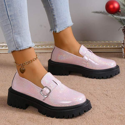 Women's Round Toe Square Heel Pink Belt Buckle Shoes 68161796C