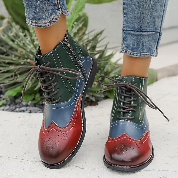 Women's Color Block Carved Lace Up Ankle Boots 77661866S