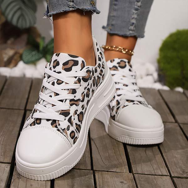 Women's Thick-Soled Lace-Up Leopard Print Sneakers 56315865C