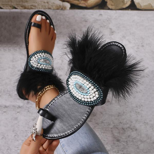 Women's Fashion Plush Beaded Toe Ring Flat Sandals 48984142S
