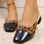 Women's Leopard Print Patchwork Square Toe Chunky Heel Half Slippers 53038924C