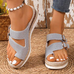 Women's Belt Buckle Thong Toe Wedge Sandals 71601617C