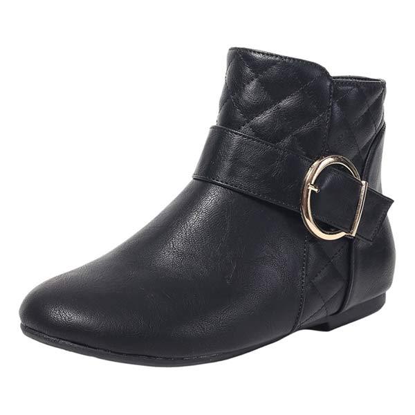 Women's Flat Ankle Boots with Side Zipper and Metal Buckle Strap 90758357C