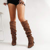 Women's Pointed Toe Leopard Print Ruched Over-the-Knee Stiletto Boots 20752947C