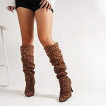 Women's Pointed Toe Leopard Print Ruched Over-the-Knee Stiletto Boots 20752947C