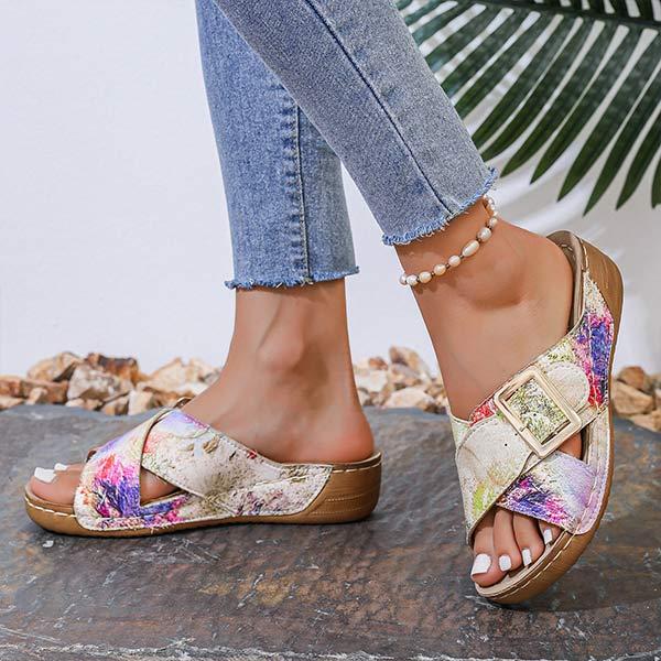 Women's Floral Print Wedge Heel Casual Slide Sandals 55008853C