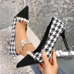 Women's Fashionable Houndstooth Pearl Stiletto Heel Pumps 19311045S