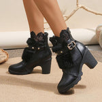 Women's Fashionable Lace Belt Buckle Block Heel Ankle Boots 18273096S