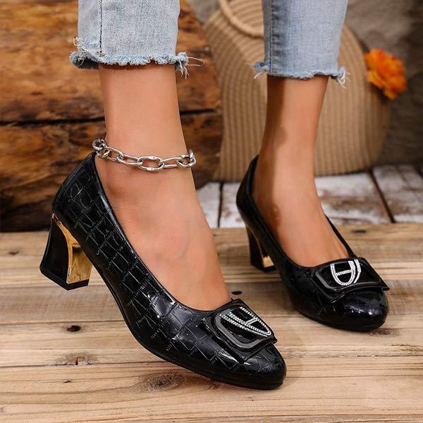 Women's Side Buckle Stone Pattern Thick Heel Shoes 25440708C