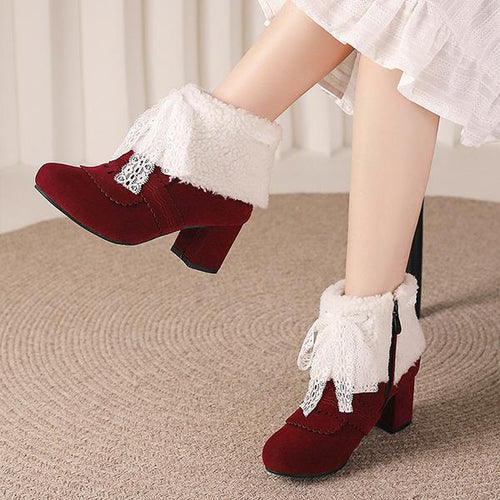 Women's Retro Lace Bow Cotton Lined Block Heel Boots 86052047S