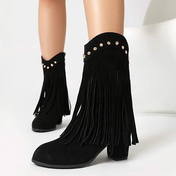 Women's High-Heeled Suede Studded Fringe Boots 89948733C