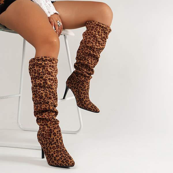 Women's Pointed Toe Leopard Print Ruched Over-the-Knee Stiletto Boots 20752947C