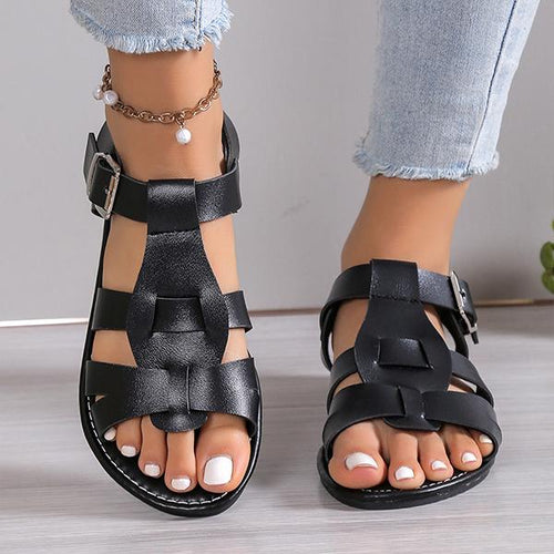 Women's Retro Belt Buckle Flat Hollow Sandals 57878197S