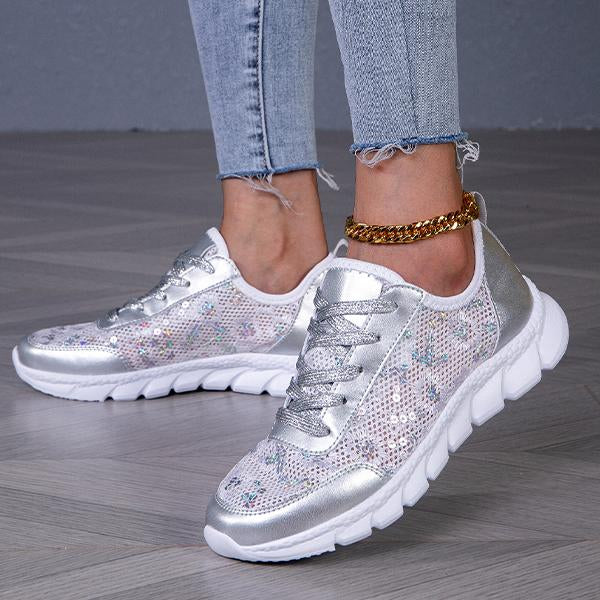 Women's Casual Mesh Glitter Lace-Up Sneakers 55122883S