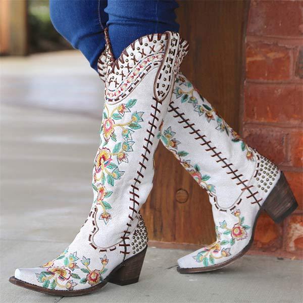 Women's Embroidered High-Calf Mid-Heel Cowboy Boots 17883004C