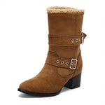 Women's Plush Casual Belt Buckle Block Heel Snow Boots 82561664S