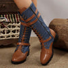 Women's PU Patchwork Denim Lace-Up Knee-High Boots 79900021C