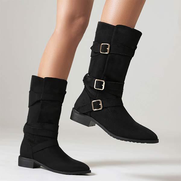 Women's Low Heel Buckle Strap Suede Mid-Calf Boots 94772247C