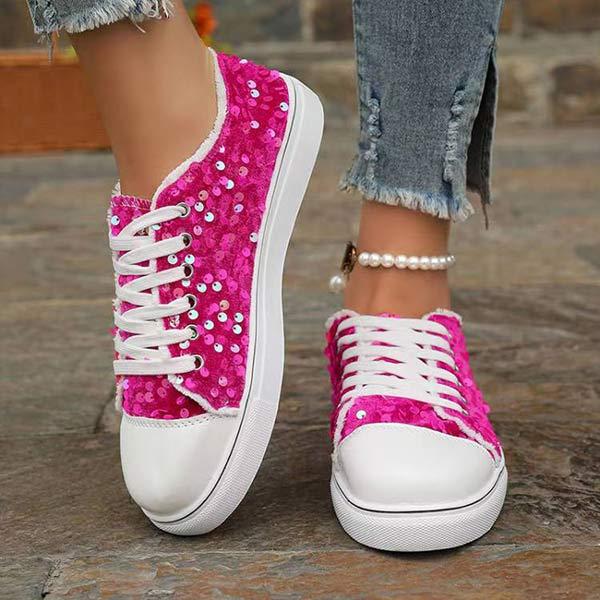 Women's Round-Toe Flat-Soled Lace-Up Sequined Casual Shoes 12179493C