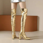 Women's Gold and Silver Block-Heel Over-the-Knee Combat Boots 36666311C