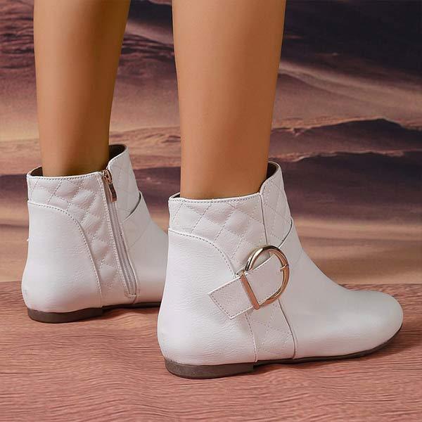 Women's Flat Ankle Boots with Side Zipper and Metal Buckle Strap 90758357C