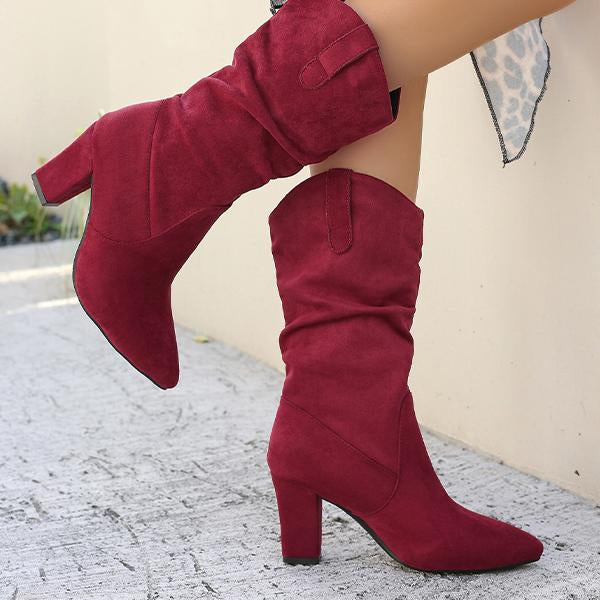 Women's Fashion Pleated Pointed Suede Mid-calf Boots 70318693S