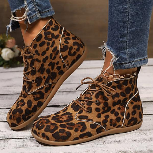 Women's Casual Leopard Lace-Up Flat Ankle Boots 27516532S