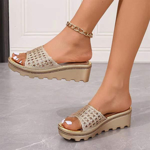 Women's Platform Thick-Soled Rhinestone Wedge Slippers 57629288C