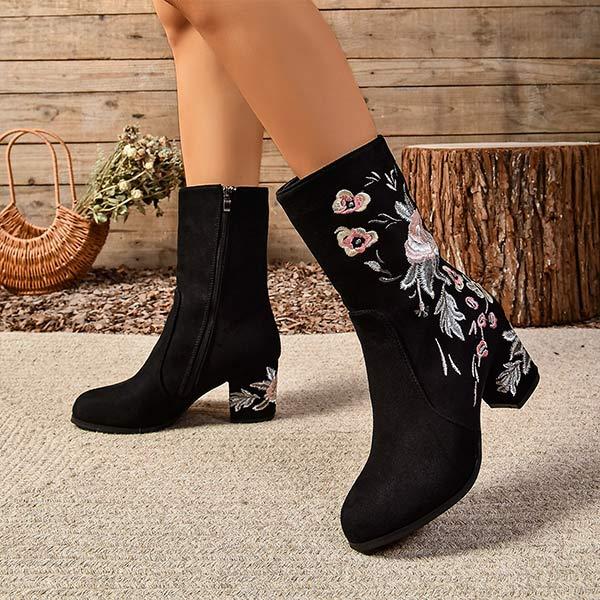 Women's Embroidered Mid-Calf Chunky Heel Martin Boots 54190232C