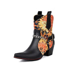 Women's Floral Color Block Metal Chain Western Ankle Boots 47138833C