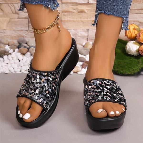 Women's Sequined Thick-Soled Wedge Slippers 67252618C