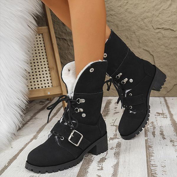 Women's Casual Plush Lace-Up Block Heel Snow Boots 94761948S