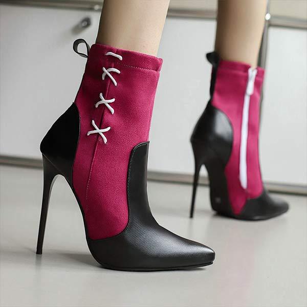 Women's Pointed-Toe Stiletto Super High-Heel Color-Block Ankle Boots with Side Zipper 24008823C