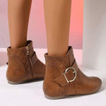 Women's Flat Ankle Boots with Side Zipper and Metal Buckle Strap 90758357C