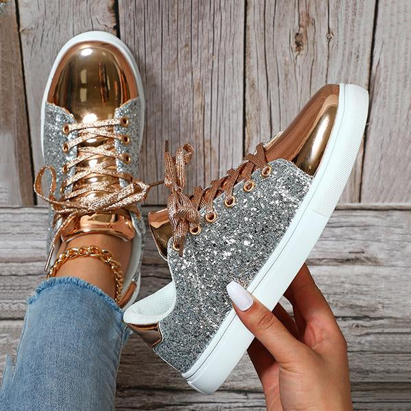 Women's Shiny Fashionable Glitter Lace-Up Sneakers 16244957S