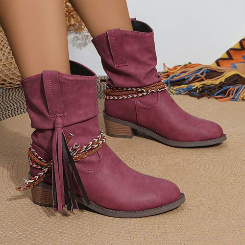 Women's Chunky Heel Ruched Tassel Slouch Boots 27540790C