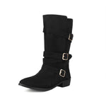 Women's Low Heel Buckle Strap Suede Mid-Calf Boots 94772247C